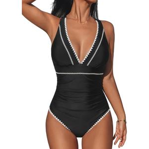 CUPSHE Women's One Piece Swimsuit V Neck Shell Stitched Bathing Suit Adjustable Crisscross Strappy Ruched Swimwear, Medium