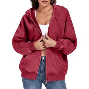 WOWULOVELY Womens and Mens Zip Up Hoodies Acid Wash Long Sleeve Oversized Sweatshirts Distressed Fleece Jacket with Pockets (Red, L)