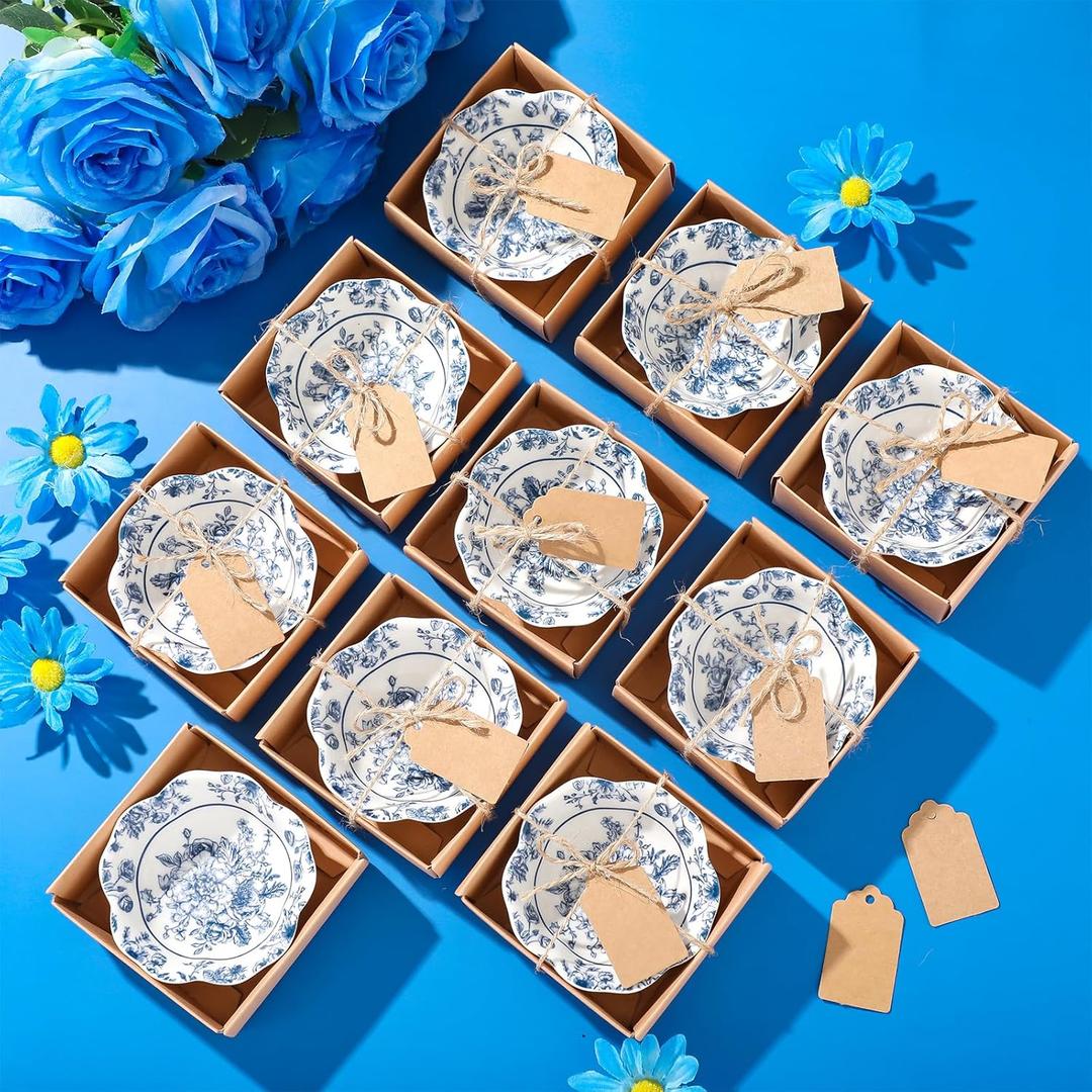 SiliFine 12 Pcs Wedding Favors for Guests Small Ceramic Bowl Bulk Gifts Set 3.3 Inch Floral Design Mini Dipping Sauce Dish with Card Box for Bridal Pooja Baby Shower Birthday (Flower,Blue)