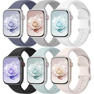 6 Pack Sport Bands Compatible with Apple Watch Bands 38mm 40mm 41mm 42mm 44mm 45mm 46mm 49mm for Women Men, Soft Wristband Silicone Sport Strap for iWatch Bands Series 11 10 9 8 7 6 5 4 3 2 1 Ultra SE