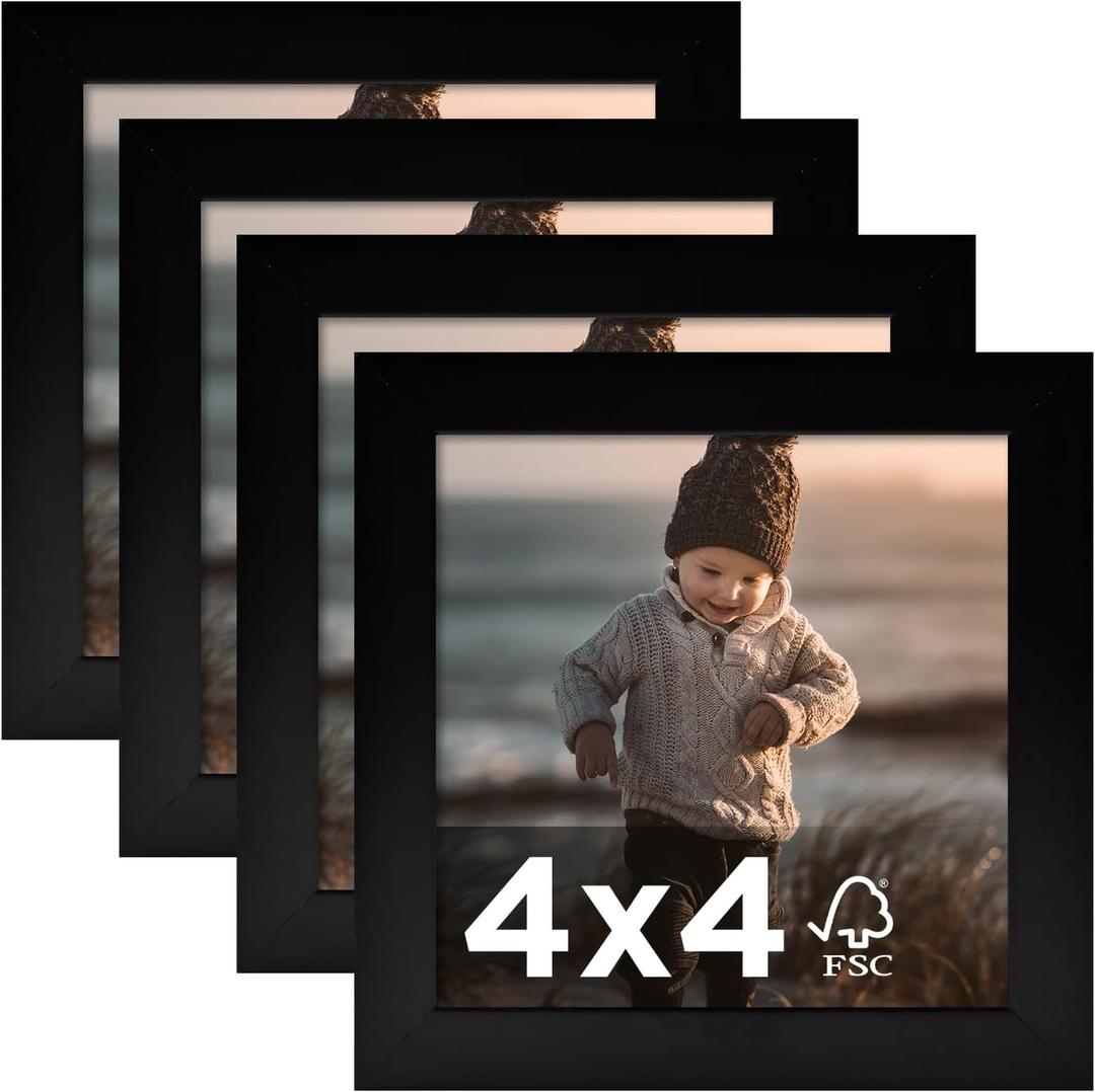KINLINK 4x4 Picture Frame Black Set of 4, Wooden Square Photo Frames with Plexiglass for 4x4 without Mat for Table and Wall Display