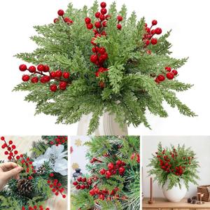 55 Pcs Artificial Christmas Flowers, 12" Faux Evergreen Cypress Pine Branches with Red Berry Stems, Greenery Fake Pine Needle Picks Flower for Xmas Vase Decor Winter Indoor Outdoor Holiday Decorations