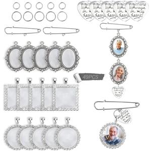 49PCS Wedding Bouquet DIY Photo Charm Oval Round Square Silver Pin Brooch Making Kit with Clear Glass Cabochons Heart Pendant Jump Rings for Craft Jewelry Making (34PCS Set)