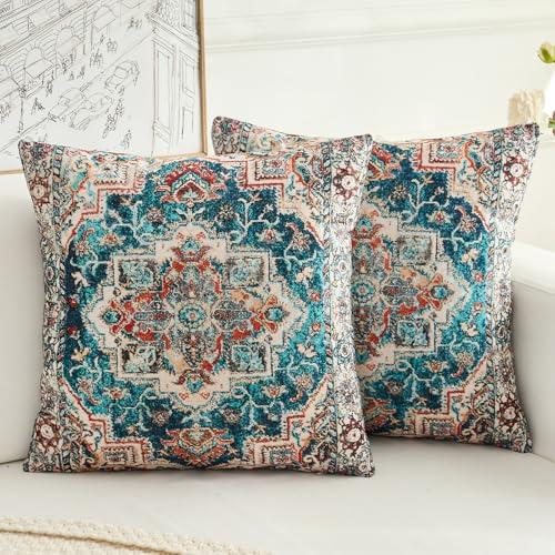 BUAEL Boho Throw Pillow Covers 18x18 inch Set of 2,Boho Vintage Carpet Pattern Antique Ethnic Decor Double Sided Pattern Cushion Cover Soft Pillow Case Living Sofa Room Bed Square Pillow Cover