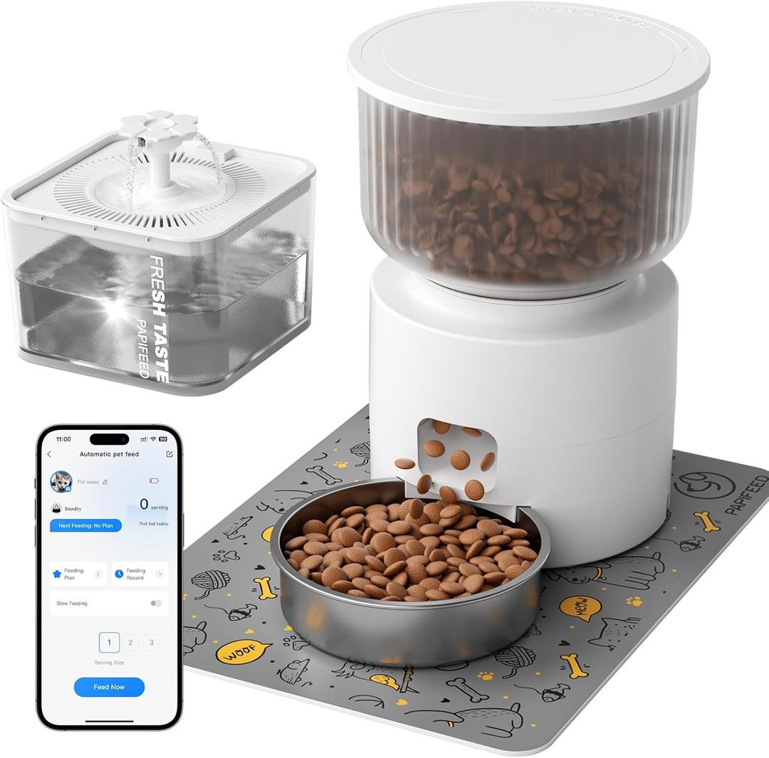 PAPIFEED Automatic Cat Feeder and Water Fountain, 3L/12 Cups 2.4G WiFi Pet Feeder with Stainless Steel Bowl, Smart APP Control for Remote Feeding, 1-12 Meals Per Day, Detachable for Easy Clean (White)