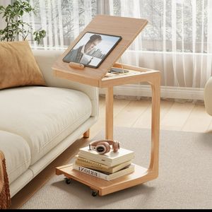 KASLANDI C Shaped Table for Couch, C Table with Wheels,Wooden Couch Table Adjustable Desktop for Living Room,Bedroom - Natural Color
