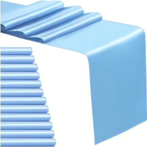 12 Pack Satin Table Runner 12 x 108 Inch Baby Blue Long Satin Table Runners for Wedding Banquet Graduations Birthday Party Decoration