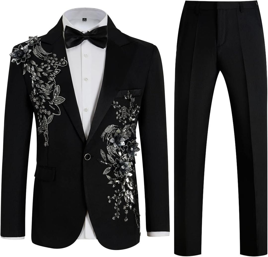 Mens Suits Slim Fit 2 Piece Formal Tuxedo Suits Blazer Pants with Bow Tie for Wedding Prom (Black, M)