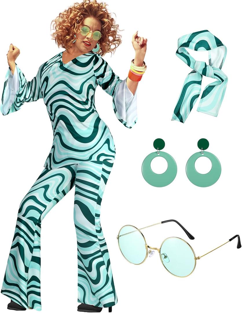 Leumoi 6 Pcs 60s 70s Disco Outfit Women Hippie Costume Accessories Flared Pants Headband Earrings Sunglass (Medium, Stripe)