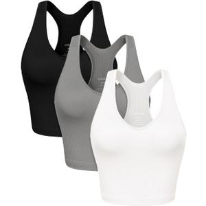 ODODOS 3-Pack Seamless Racerback Tank for Women Ribbed Knit Soft Sleeveless Tank Tops, Waist Length, White+Gray+Black, X-Small/Small