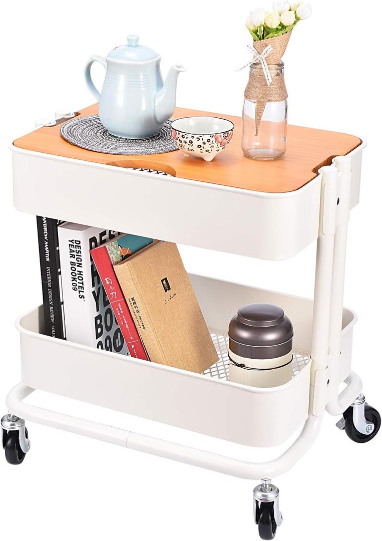 Melody House 2-Tier Metal Utility Rolling Cart Storage Side End Table with Cover Board for Office Home Kitchen Organization, Cream White