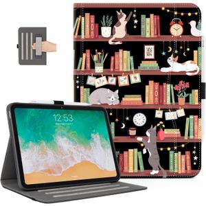 Case for iPad (A16) 11th Generation 2025, iPad 10th Generation Case with Pencil Holder Kids Men Women Multi-Angle View Adjustable Stand Shockproof with Pocket/Hand Strap/Auto Wake Sleep, Bookshelf Cat