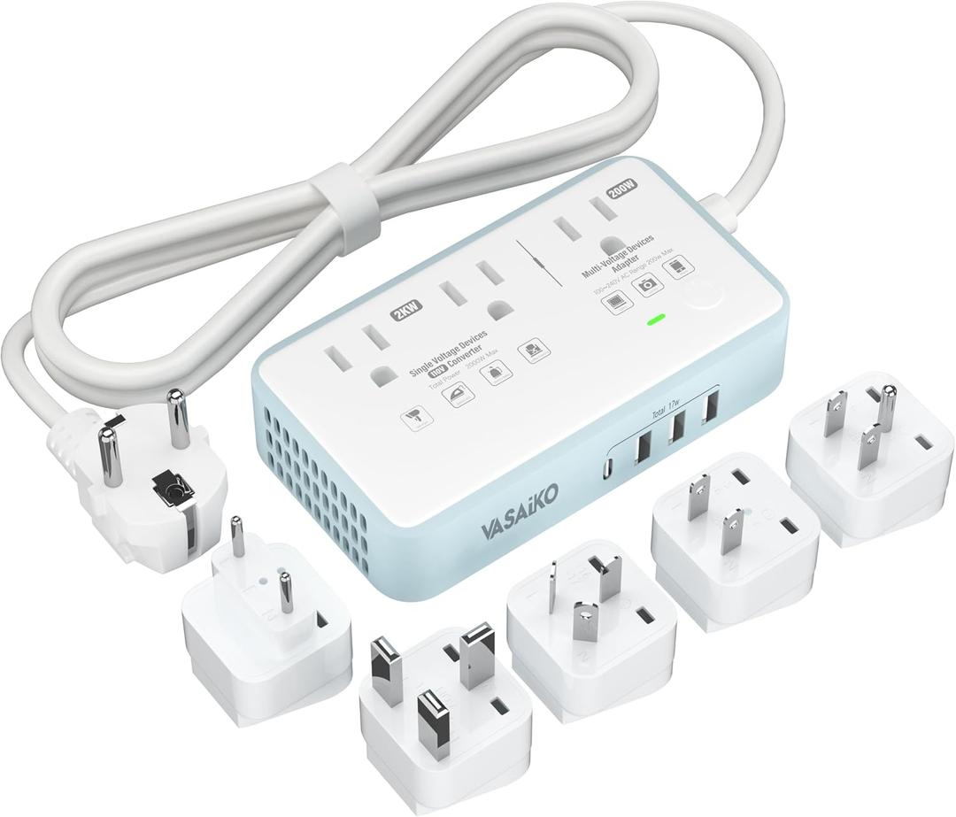 220V to 110V Voltage Converter US to Europe, 2000W Voltage Converter for European Travel with 3 AC 2 USB-C 2 USB-A Ports, and EU/UK/AU/IT European Travel Plug Adapter