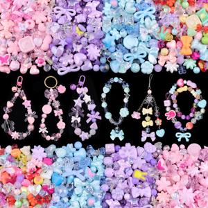 210-270PCS TINKRSTUFF Assorted Acrylic Beads, 4 Colors Mixed Cute Beads for Bracelet Making, Bow Flower GummyBear Kawaii Charms, Aesthetic Bead for Necklace Keychain Jewelry Making DIY Phone Charm, 4 Color Series-Pink+Blue+Purple+Mixed Colors