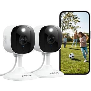 AOQEE 2K Cameras for Home Security-Outdoor/Indoor Camera for Dog/Cat/Pet/Nanny/Baby, Color Night Vision, White Light, Siren, 24/7 SD Recordings, Works with Alexa/Google Home, C1 (C1-White-Pack of 2-2.4G)