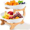 RETON 2 Tier Fruit Bowl for Kitchen Countertop, Plastic Fruit Basket Rack with Bamboo Wood Stand for Tiered Vegetable Storage Tray, Salad Cake Snack Dessert Party (White)