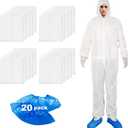 ETERNA Hazmat Suits- 20 Pack Disposable Protective Coveralls with Hood, Zipper, Elastic Wrists, Shoe Covers for Men & Women, Shield from Dirt, Dust, Paint (White, X-Large)