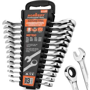 HORUSDY 13-Piece Sturdy Ratcheting Wrench Set | Metric Sizes 619mm | Max Torque Ratchet Combination Wrenches Set with Storage Rack | 72-Tooth | Chrome Vanadium Steel