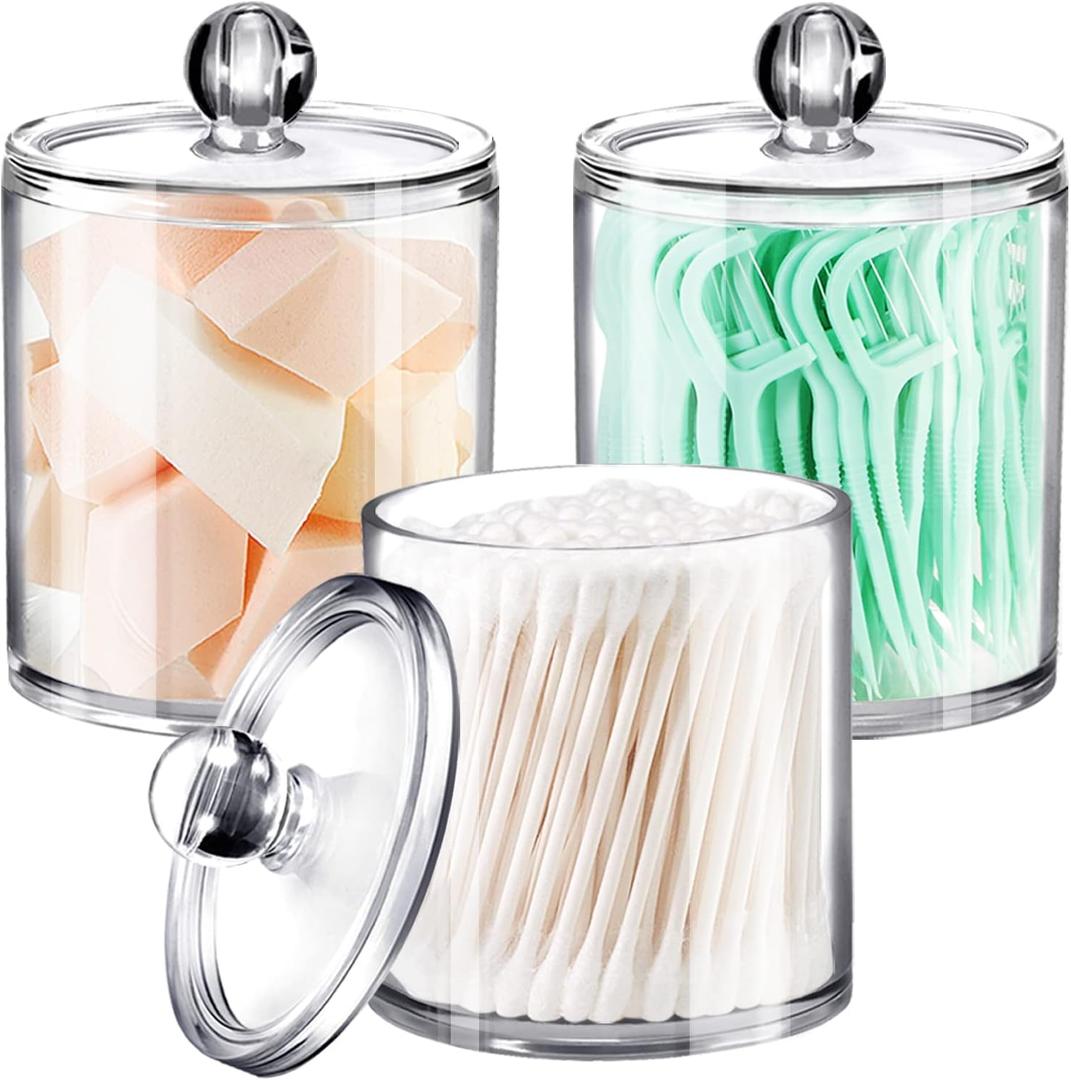 SheeChung 3 Pack Qtip Dispenser Apothecary Jars Bathroom with Labels-Clear Plastic Qtip Holder Storage Set for Cotton Ball,Cotton Swab,Cotton Rounds,Floss Picks, Hair ClipsHair Ties
