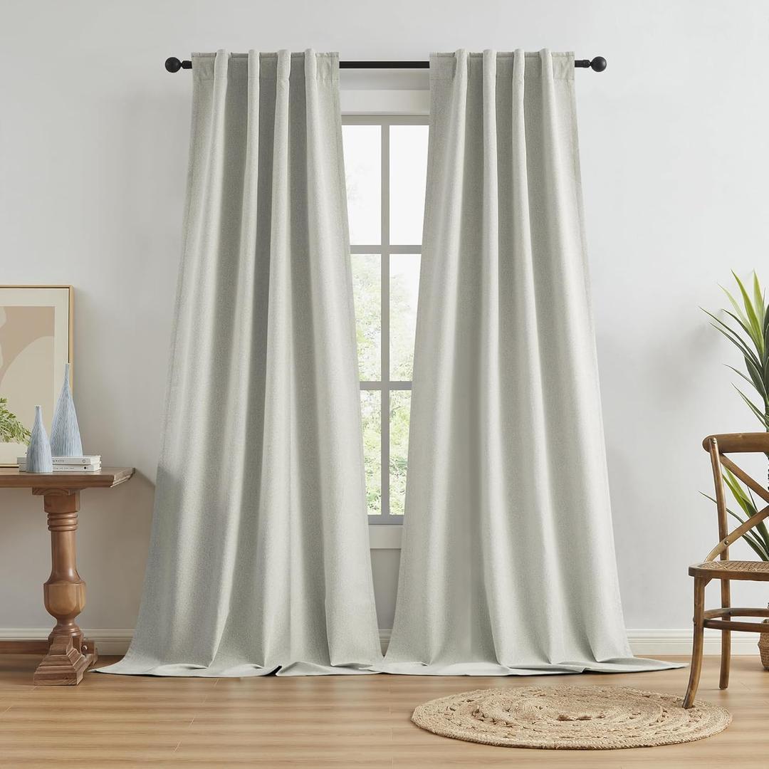 KEQIAOSUOCAI Greyish Beige Blackout Curtains 108 Inches Long 2 Panels Back Tab Pocket Hook Belt Full Black Out Thermal Insulated Boho Window Draperies for Living Room 34x108