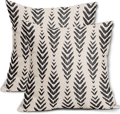 Sweetshow Boho Pillow Covers 18x18 Set of 2 Bohemian Ethnic Black Geometric Herringbone Print Decorative Throw Pillows Outdoor Pillowcase Square Linen Farmhouse Cushion Case Decor for Couch Sofa Bed