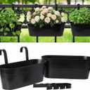 vensovo 16 Inch Railing Planter for Outdoor Plants - 3 Pack Large Metal Balcony Hanging Planters with Detachable Hooks and Drain Holes Oval Box Rail Pots for Home Garden Fence, Black