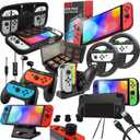 Orzly Accessory Bundle Kit designed for Nintendo switch Accessories Geeks and Oled console users Case and Screen protector, Joycon grips and Wheels for enhanced games play and more - Jet black, Switch & Switch OLED