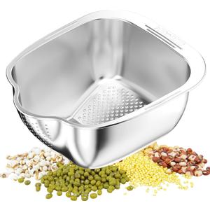 Rice Washer Strainer Bowl, Stainless Steel Washing Bowl whit Side Drainers, Versatile Square Quinoa Colander for Cleaning Rinsing Fruits, Vegetables, and Beans - Multifunctional Drain Basket (3 QT)