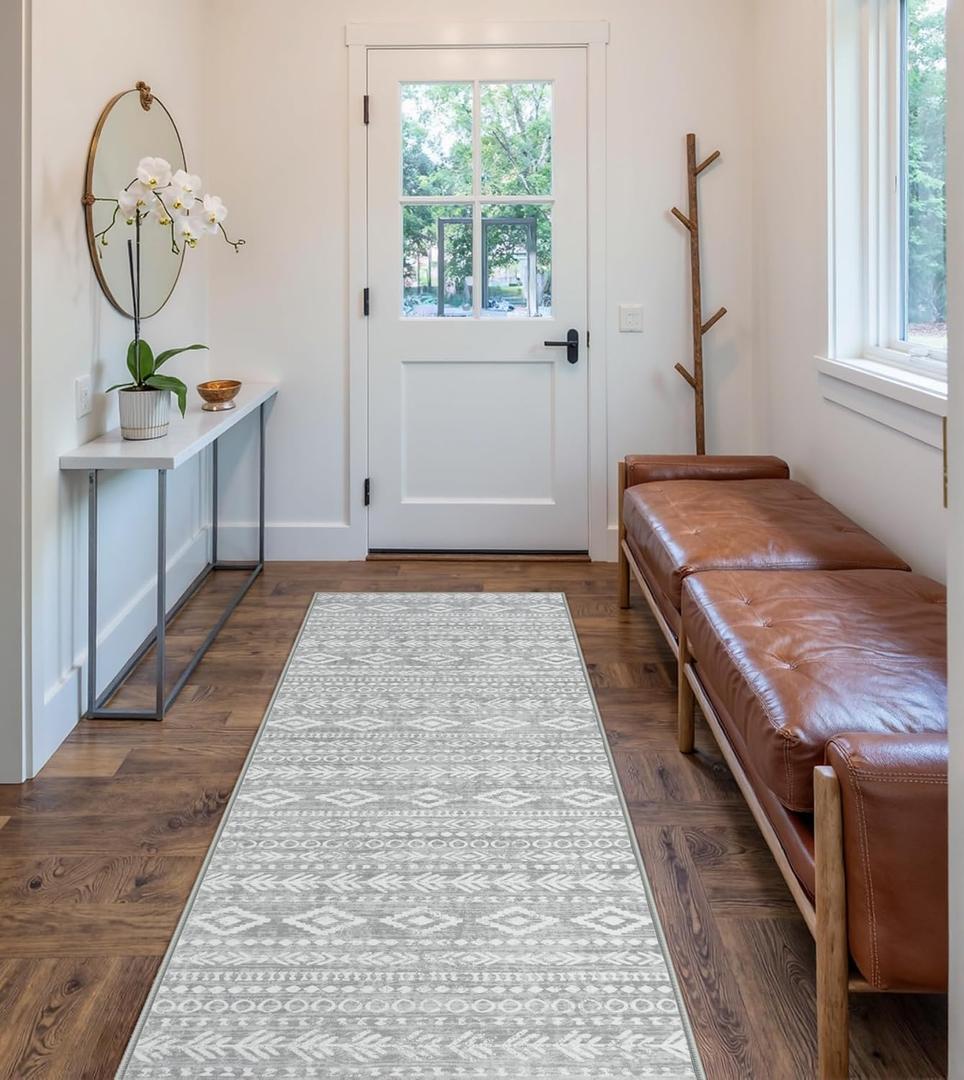 Lahome Boho Moroccan Kitchen Runner Rug Non Skid Washable, Ultra-Thin 2.5x8 Grey White Laundry Room Rug Runners for Hallways Non Slip, Soft Tribal Print Indoor Carpet Runners 8ft for Hallway