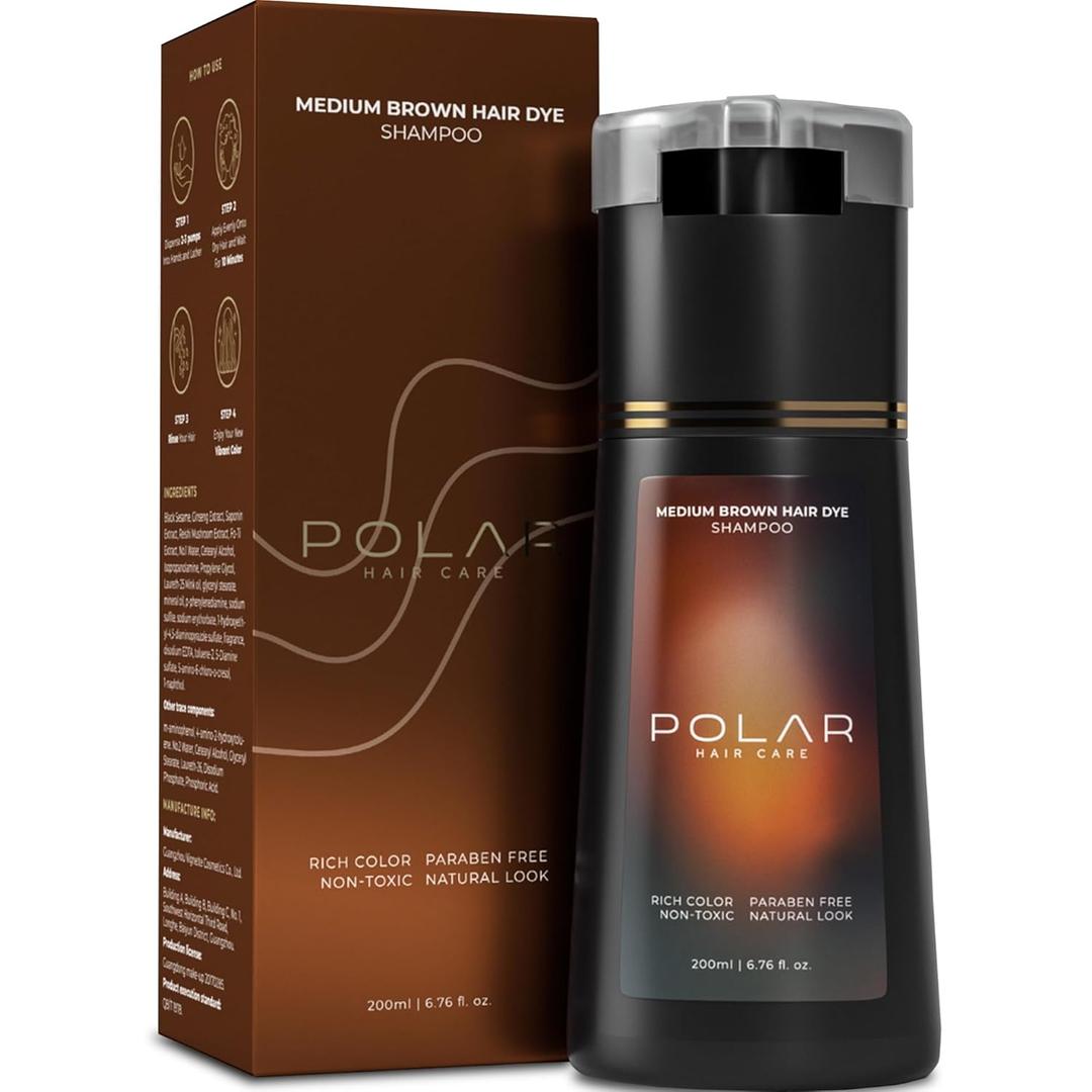 Polar Haircare - Medium Brown Hair Dye Shampoo for Women & Men - Natural Semi Permanent Color Shampoo for Gray Hair Coverage, Vegan - Instant Dye 6.76 Fl Oz
