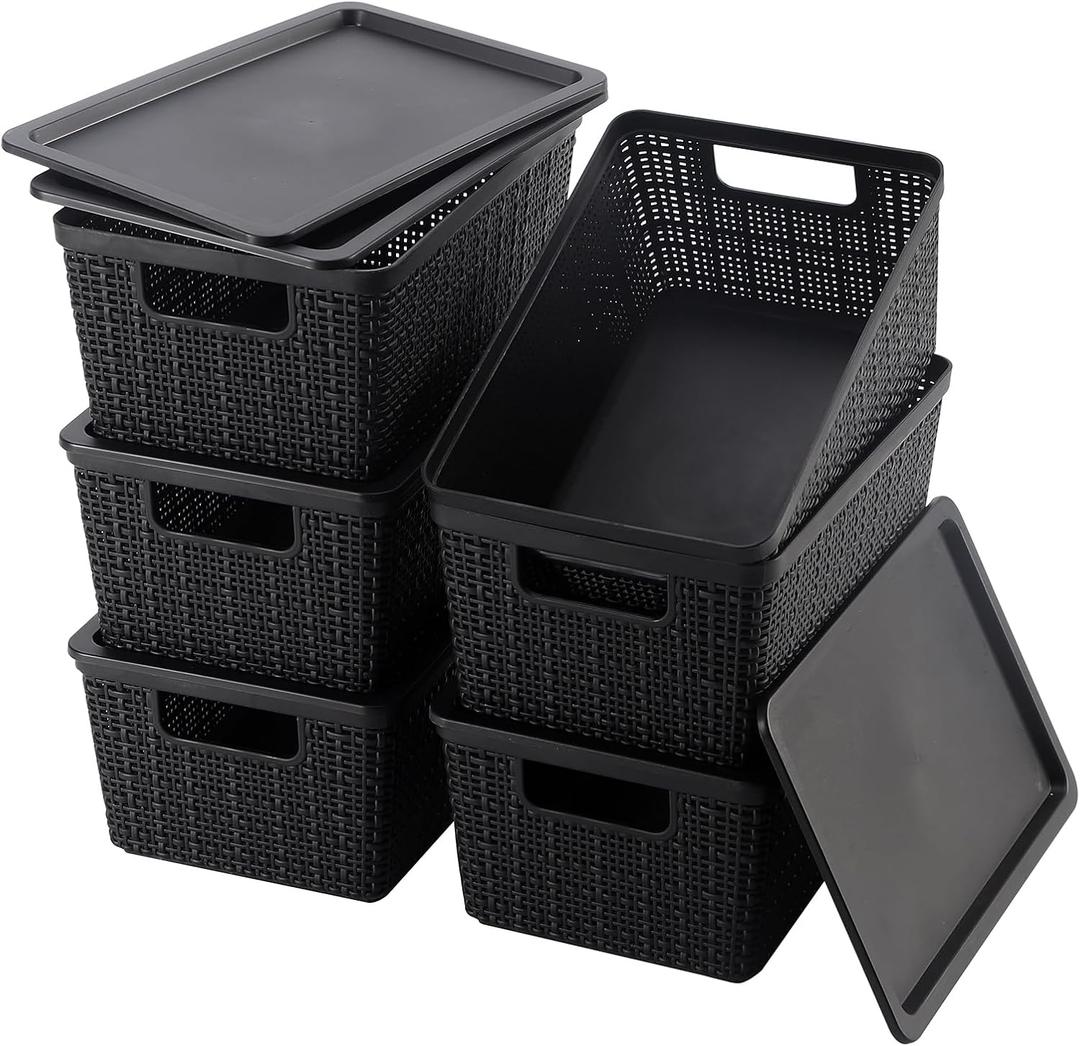 6 Pack Plastic Storage Baskets With Lids,Black Breathable Stackable Storage Bins,Small Storage Containers,for Organizing Storage Baskets on Desktops,Closets,Playrooms,Classrooms,Offices (9.8"D x 6"W x 4.8"H)