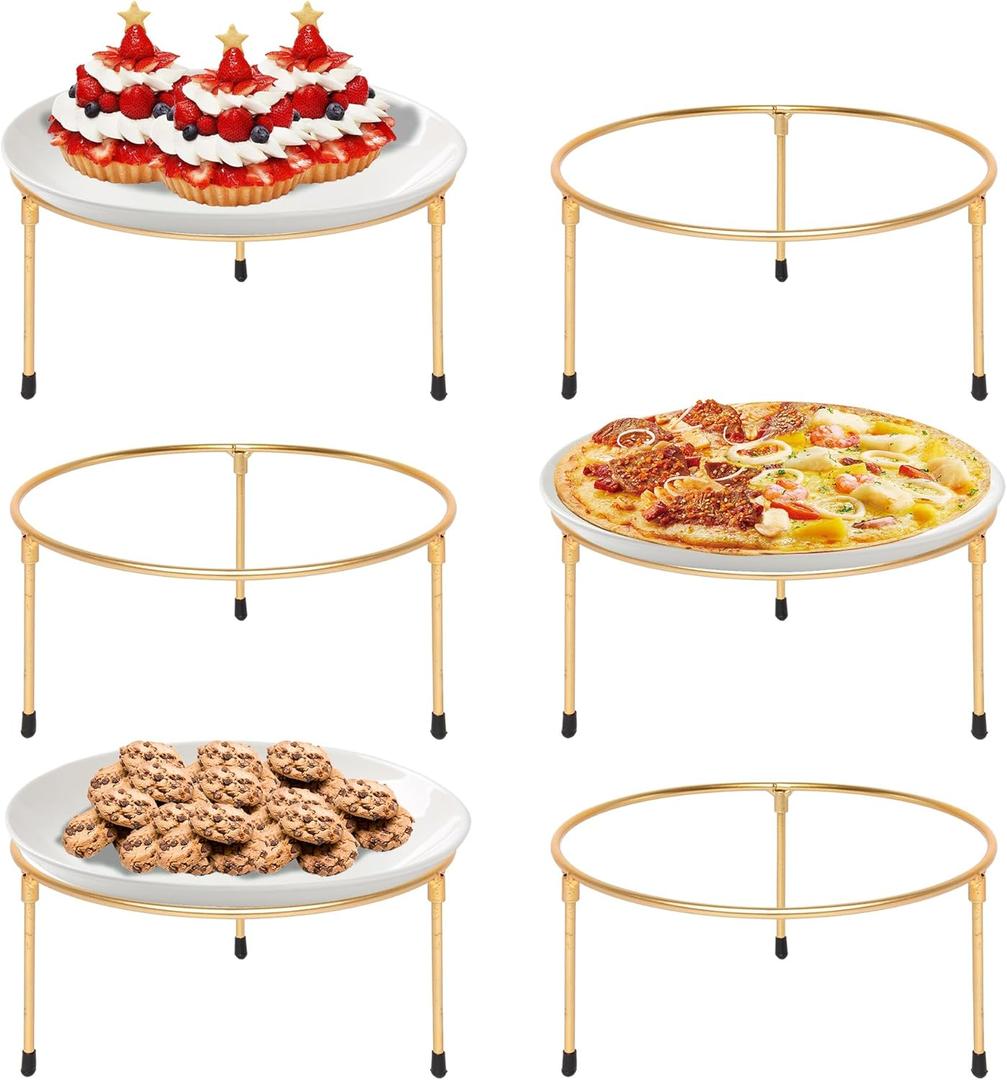HPC DECOR Set of 6 Gold Metal Wire Pizza Pan Riser Stands-Round Pizza Tray Riser Rack Holder-Tabletop Display Racks, buffet risers for Food Platter Tray-Metal Display Stands for Home, Restaurant, Party