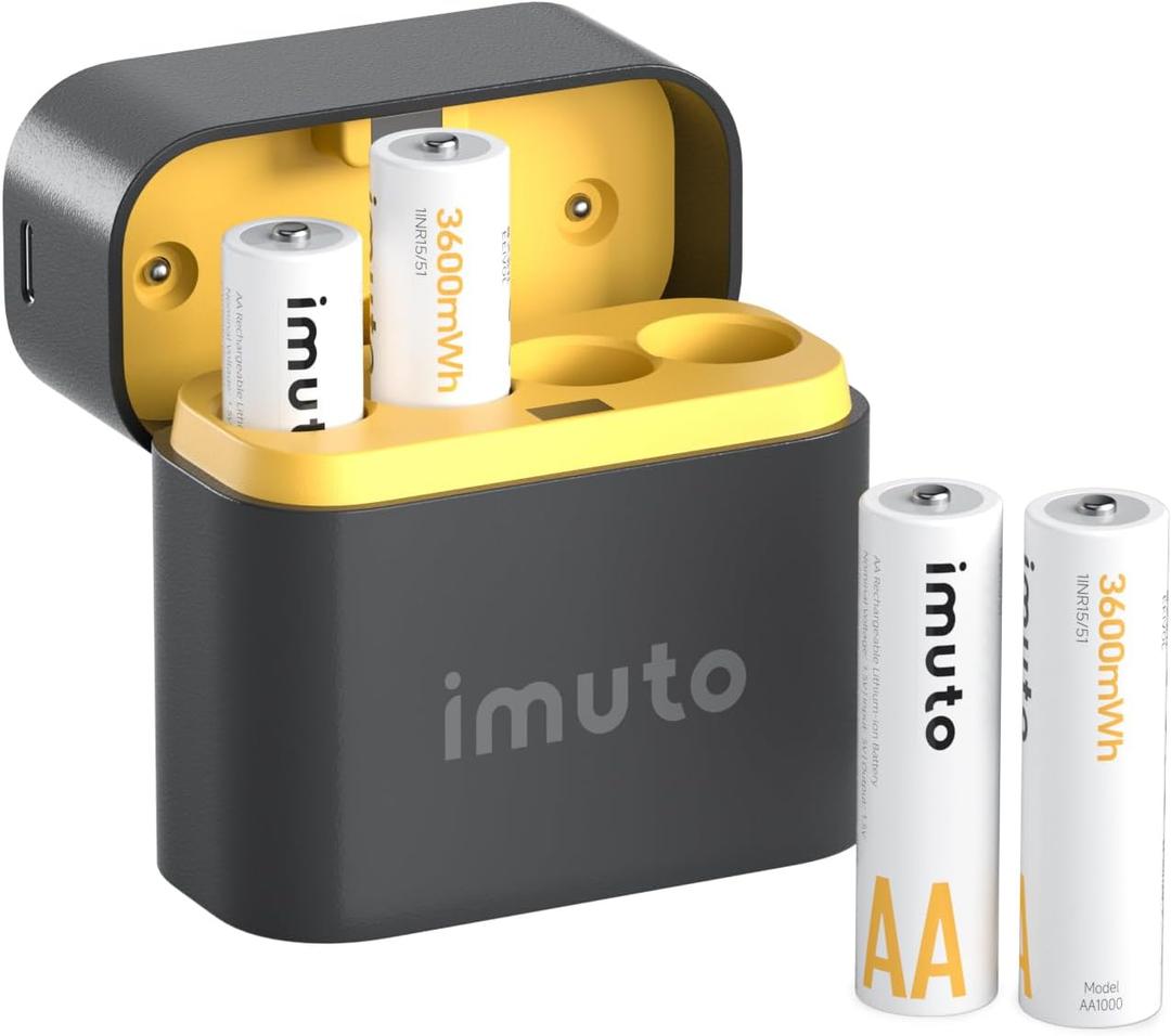 imuto Rechargeable aa Batteries with Charger, 3600mWh aa Lithium Batteries 4 Pack, 4 Slot Storage Box Style Lithium Battery Charger, 1.5V 2A Output, 1600+ Cycle Life, 3H Fast Charging