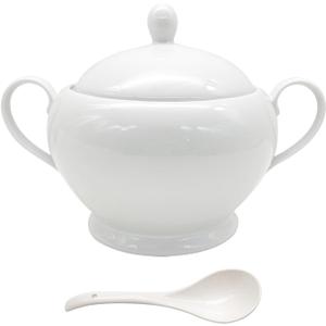 REANRO Porcelain Soup Tureen with Lid and Ladle Set, Double-Ear Covered Tureen Classic Serving Bowl for Soups, White REANRO Porcelain Soup Tureen with Lid and Ladle Set, Double-Ear Covered Tureen Classic Serving Bowl for Soups, White