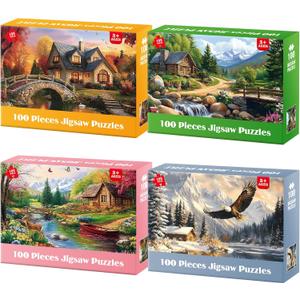 4-Pack 100 Piece Puzzles for Seniors Country Life Large Piece Puzzles for Seniors Puzzle Dementia Alzheimer's Products Activities for Elderly Adults Kids Puzzle for Kids Ages 6-8 8-10