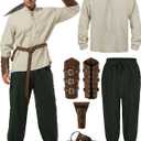 Renaissance Costume Men, Medieval Costume Men Renaissance Outfit Viking Shirt Pants Halloween Belt Accessories (Medium, Beige, Green)