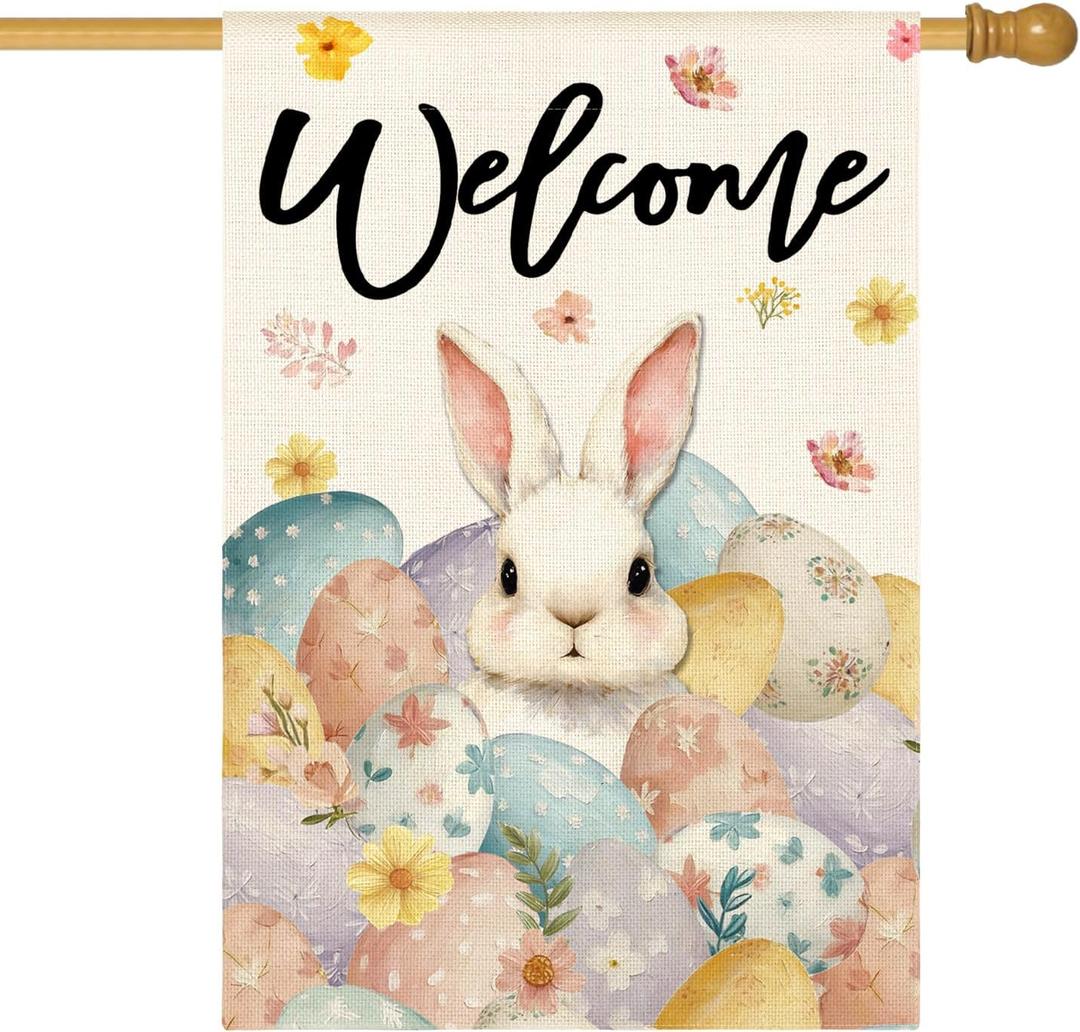 3 x AVOIN colorlife Spring Easter House Flag 28x40 Inch Double Sided Outside, Bunny Rabbit and Eggs Welcome Yard Outdoor Flag