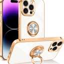 Dinick Designed for iPhone 14 Pro Case with Ring Holder Soft TPU Bumper Glitter Plated Slim Cover for Women Men Finger Stand for iPhone 14 Pro Case White and Gold