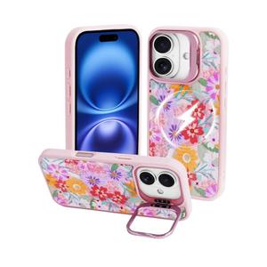 J.west Magnetic for iPhone 16 Case Compatible with Magsafe,Garden Floral Metal Kickstand Shockproof Silicone Bumper Cute Floral Flowers Phone Case Cover Pink 6.1 Pack of 2