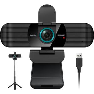 RUWBY Full HD 1080P Webcam with Built-in Dual Mics, Wide-Angle Lens, Privacy Cover, Tripod Stand, Autofocus Computer Camera, Plug and Play for Desktop PC or Laptop