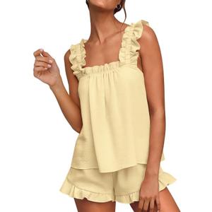 Marvmys Womens Pajamas Set 2 Piece Ruffle Bridal Cute Pajamas Sexy Tank Top and Shorts Bride Sleepwear Set S-2XL (Yellow, M)
