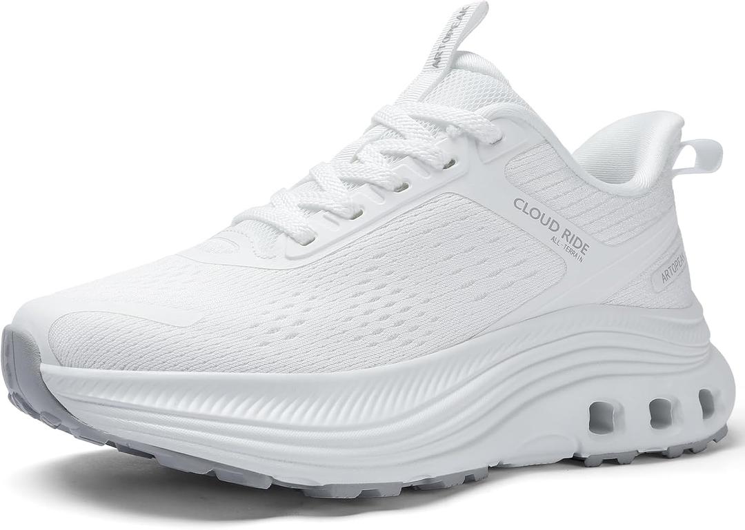 ARTOPEAK Women's Wide Walking Shoes Arch Support Cushioned Tennis Running Shoes, Non Slip Comfortable Sports Athletic Shoes for Gym Workout Slip On Fashion Sneakers White Size 9.5