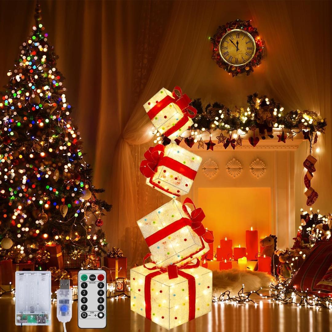 Set of 4 Lighted Night Light with Colorful Ball, Light up Atmosphere Gift Box Three-Dimensional Stack Set for Valentine's Day Party Holiday Home Outdoor Decoration