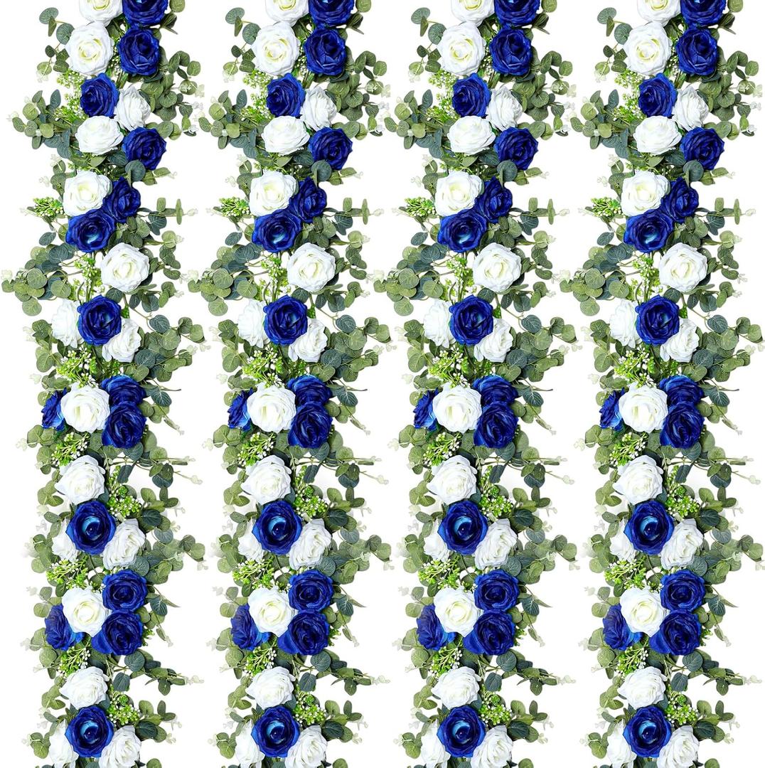 Riceshoot 4 Pack 26 ft Artificial Eucalyptus Vines Garland with Flowers Fake Floral Flower Garland Rose Wreath for Wedding Party Arch Table Decor Backdrop Decorations (Blue and White)