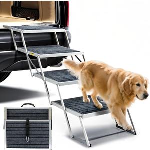 Dog Stairs for Car, Extra Wide Stairs for Large Dogs, Pet Steps Aluminum Foldable Dog Steps for Cars and SUV, High Beds, Trucks, Supports up to 200 lbs (Extra Wide-4 Steps)