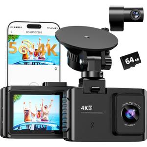 Dash Cam Front and Rear: 4K Dual Channel Dash Cam - 5GHz WiFi, Dash Camera for Cars with 64GB Card, 2" IPS, App Control, G-Sensor, Loop Recording, 170 Wide Angle, Night Vision, 24H Parking Mode Black