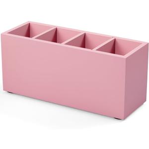 Bivvclaz Pencil Pen Holder for Desk, Wooden Office Desk Organizers and Accessories with 4 Slots for Countertop, Makeup Brush Holder Organizer for Bathroom Vanity, Silverware Caddy for Party, Pink
