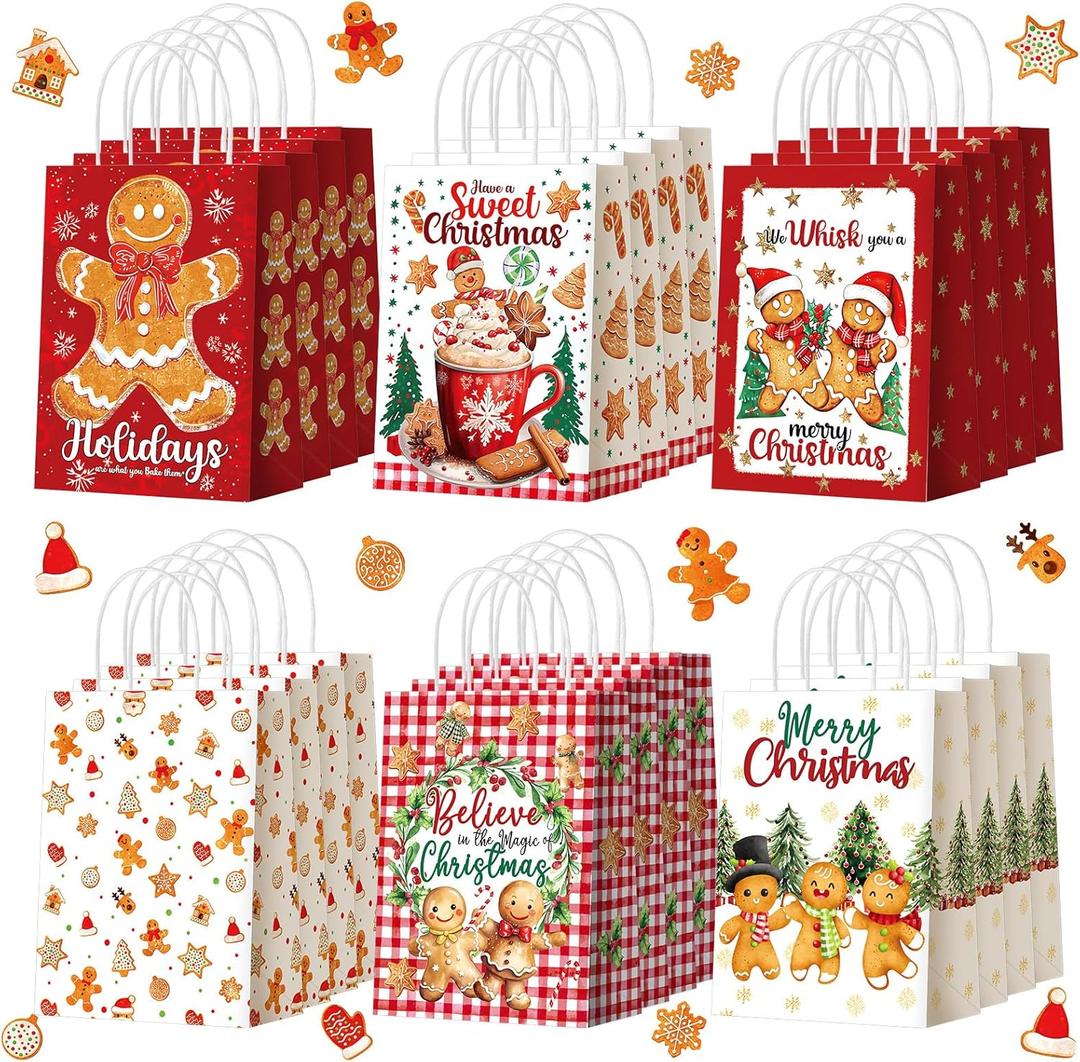 Kolldenn 24 Pcs Christmas Gingerbread Party Favors Bags Christmas Goodie Gift Paper Bags with Handles Xmas Tree Gingerbread Coffee Candy Treat Bag for Xmas Party Decorations Holiday Birthday Supplies (Gold)