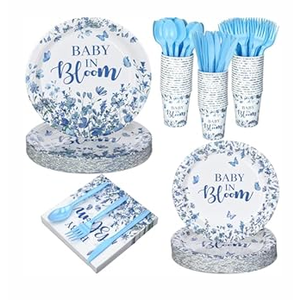 Yungyan 252 Pcs Baby in Bloom Blue Floral Baby Shower Party Tableware Set Included Plates Napkins Cups Forks Knives Cutlery for Party Decorations Supplies 36 Guests