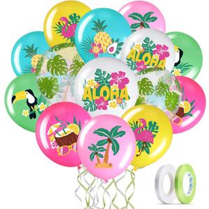 Zhanmai 50 Pcs Hawaiian Party Balloon Decorations, Aloha Tropical Luau Latex Balloons for Hawaiian Luau Party Summer Beach Birthday Tiki Bar Wedding Supplies(Happy Summer)